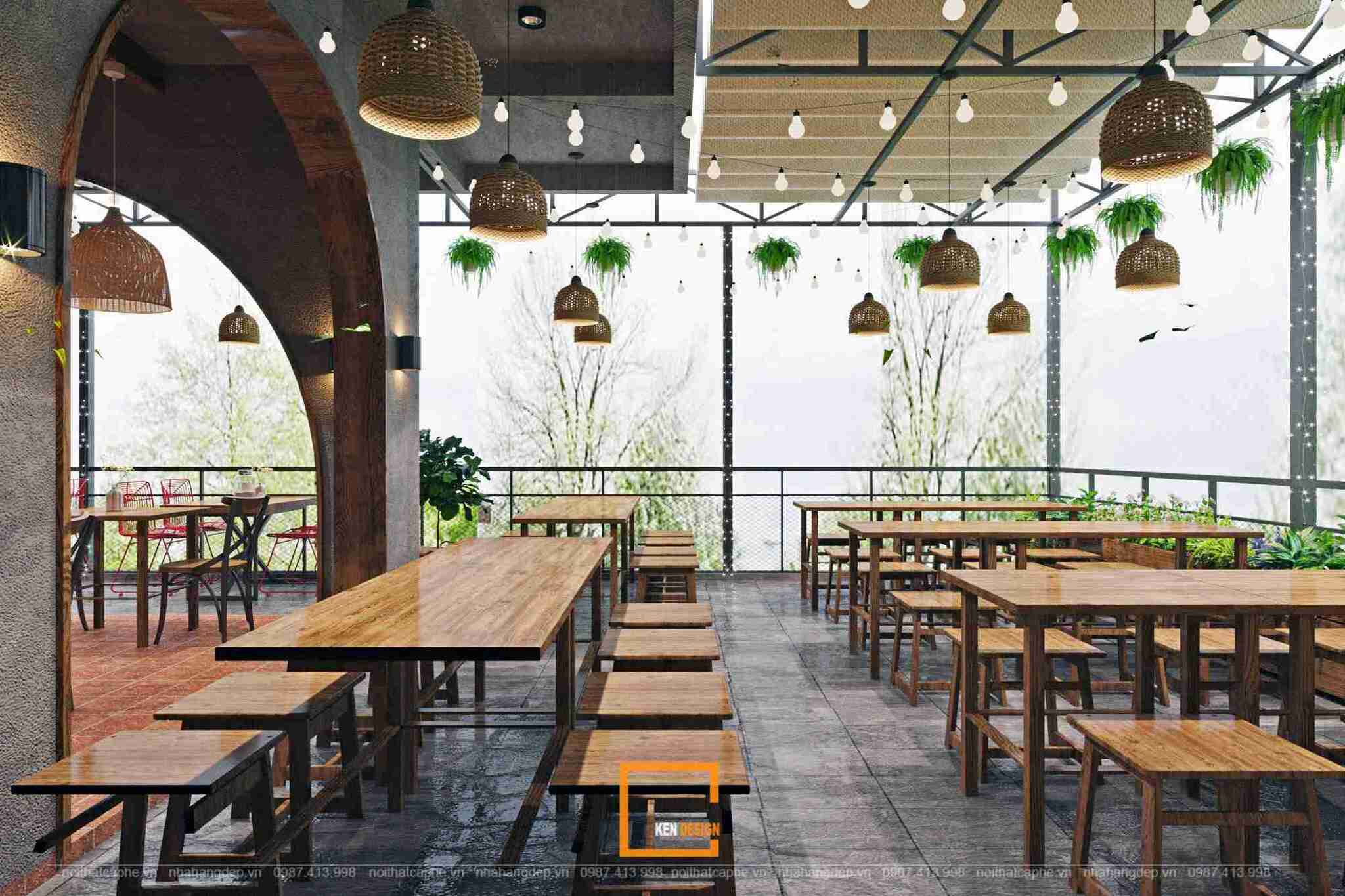 Sân thượng có mái che, đèn dây giăng cho quán cafe 2 căn góc