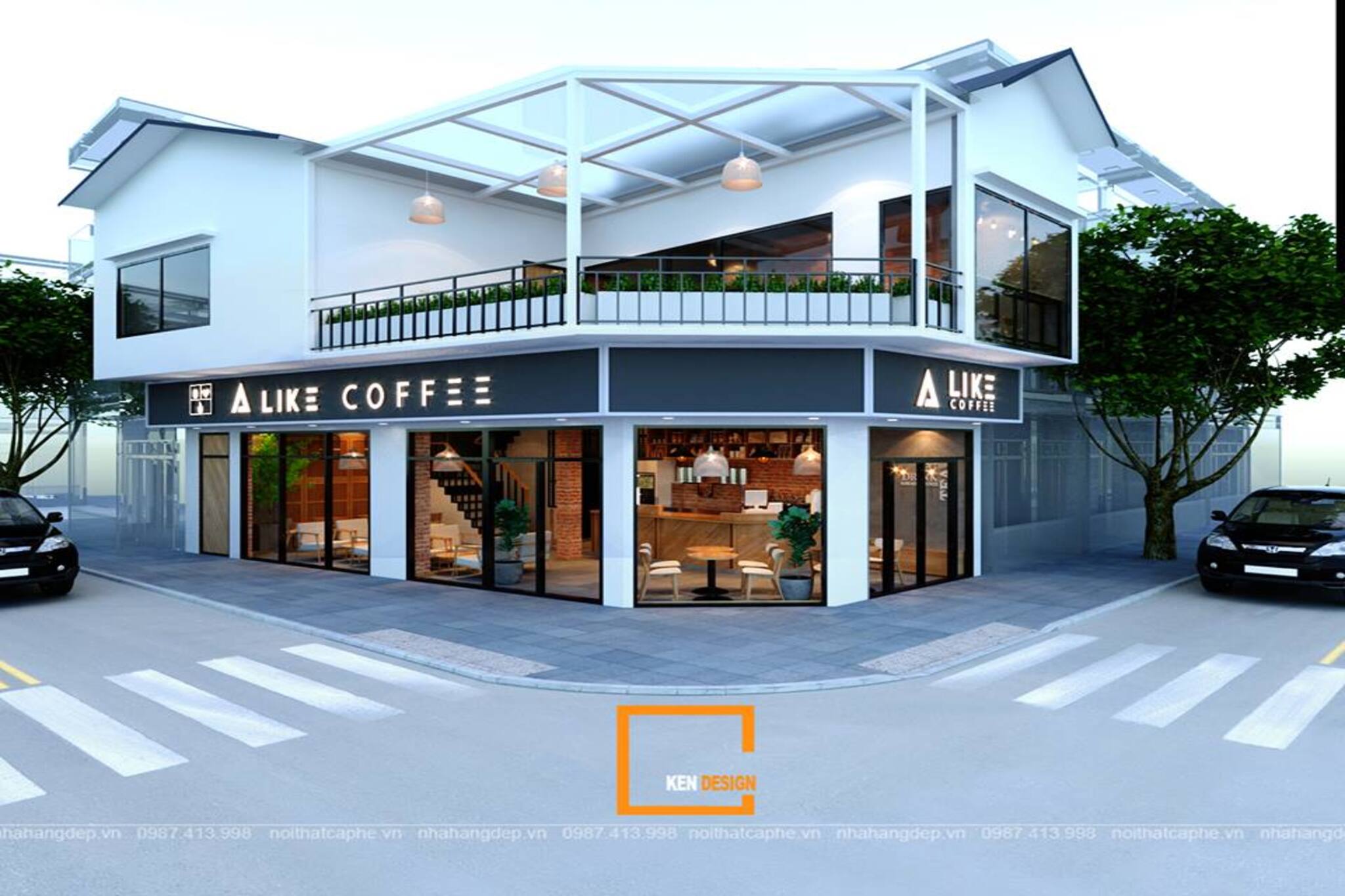 mẫu thiết kế quán cafe 2 mặt tiền với bảng hiệu chạy qua góc và kính lớn