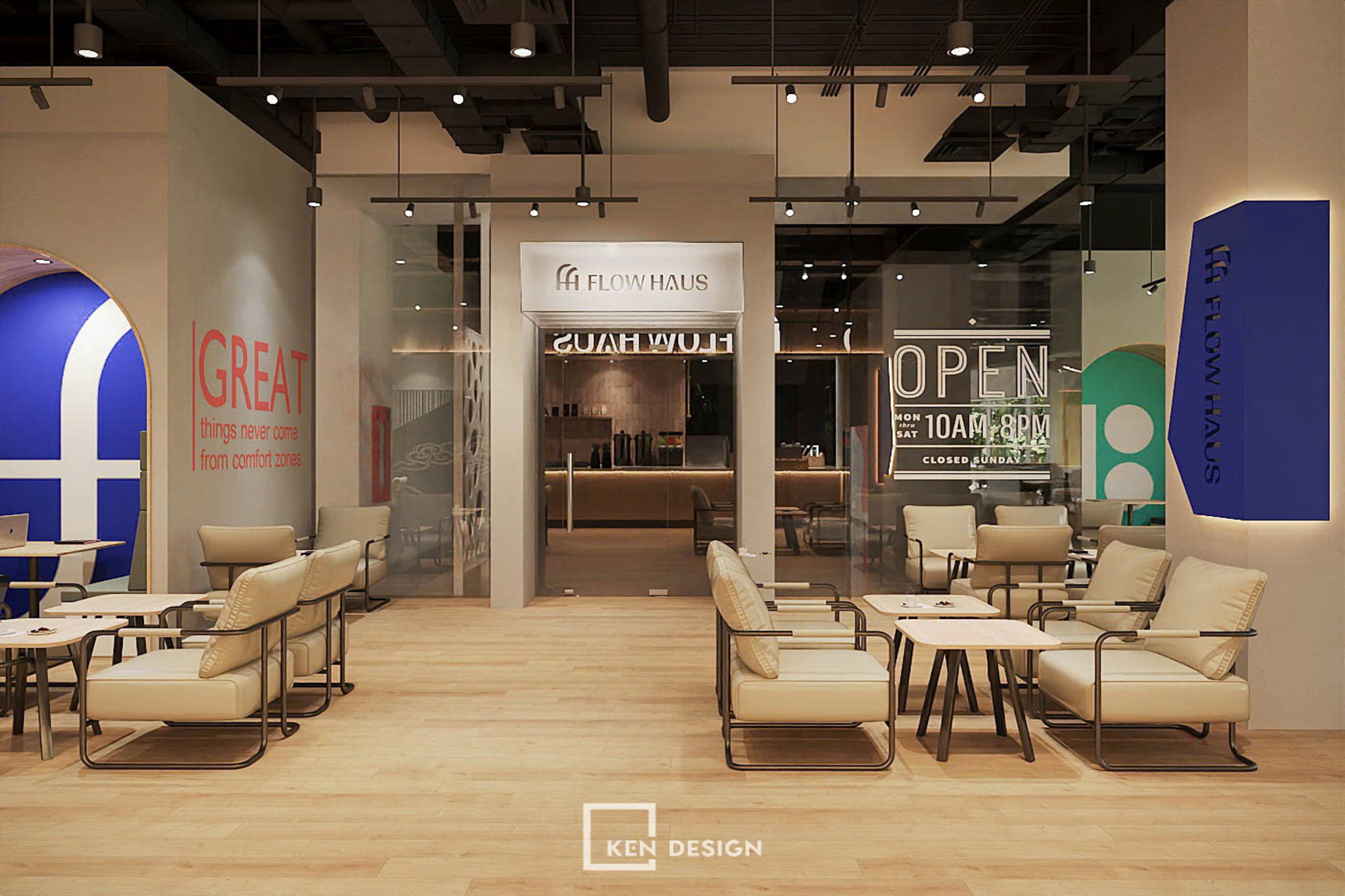 sảnh vào quán cafe gọn gàng, ví dụ đúng tránh sai lầm trong thiết kế quán cafe phong cách trẻ