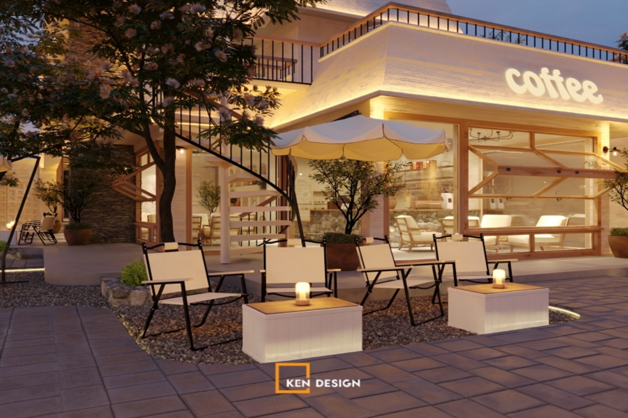 sân ngoài trời ghế xếp và đèn nến tận dụng không gian bỏ trống trong thiết kế quán cafe phong cách trẻ