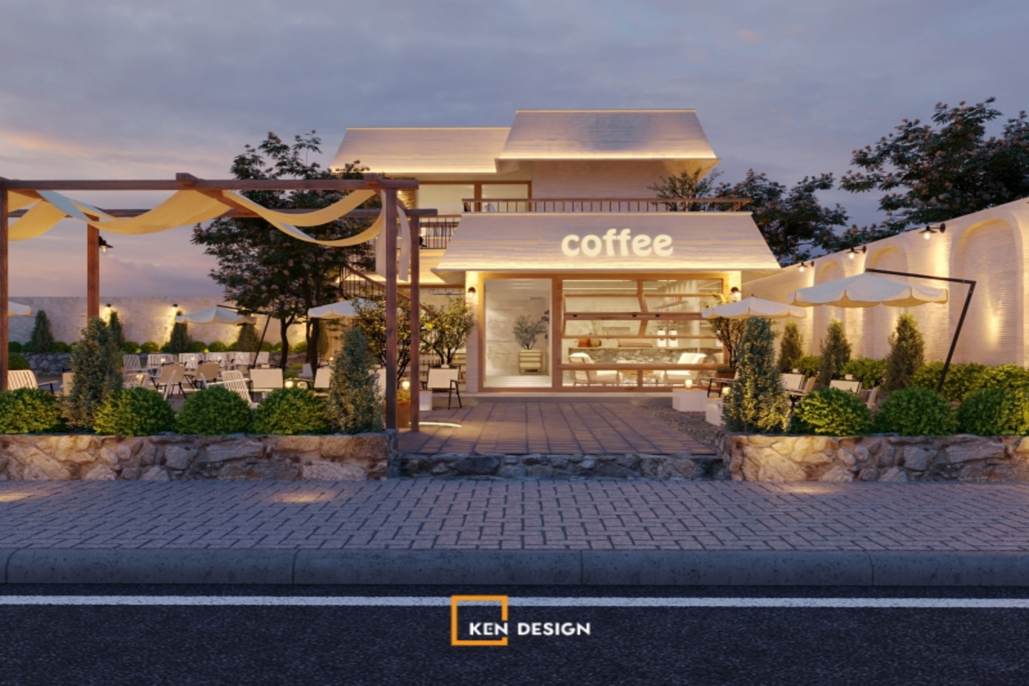 sân trước có ô dù, giàn gỗ và tường vòm trắng hoàn thiện theo thiết kế quán cafe phong cách hiện đại