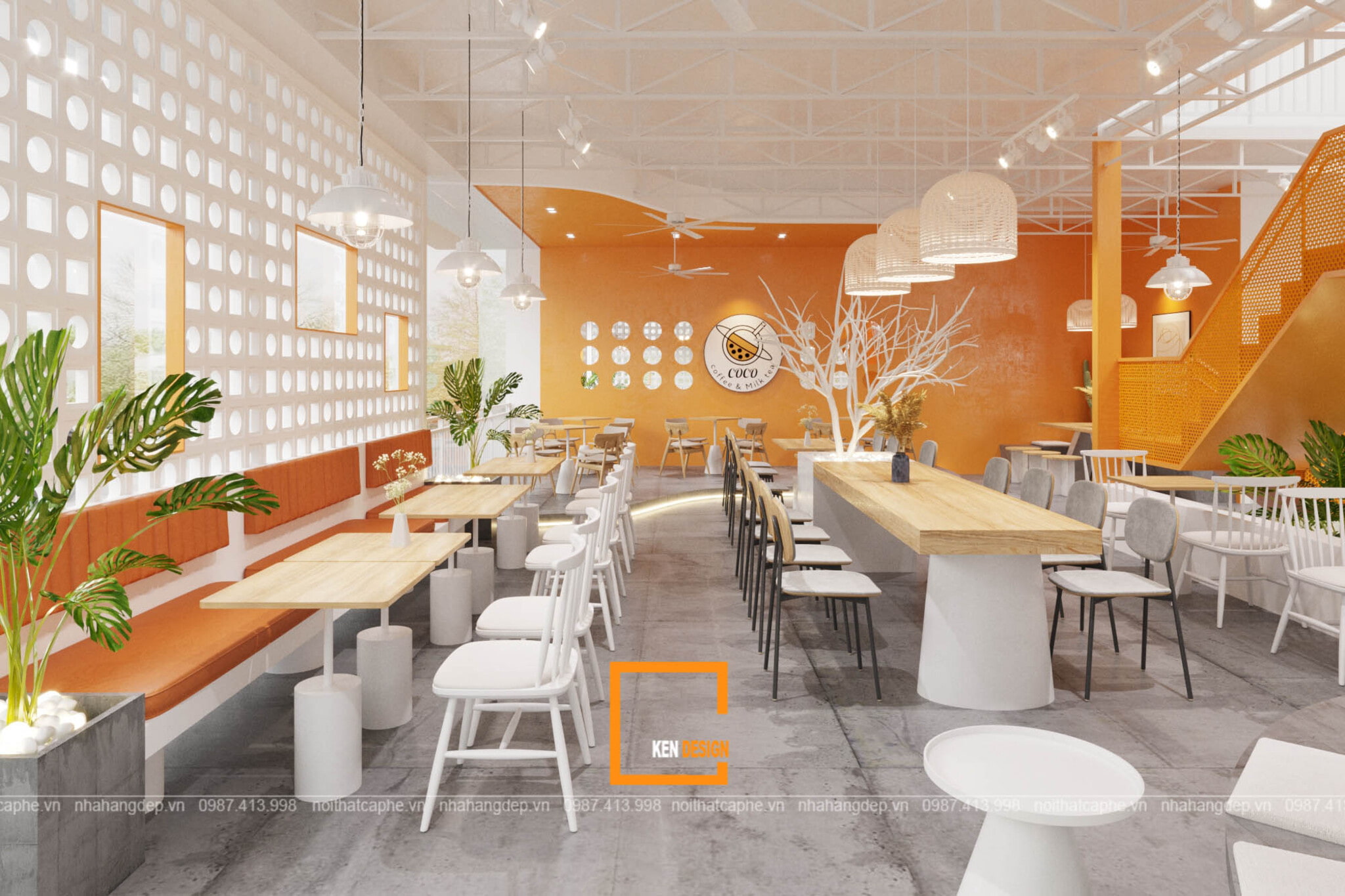 mảng tường cam kết hợp gạch bông gió trắng trong thiết kế quán cafe phong cách hiện đại