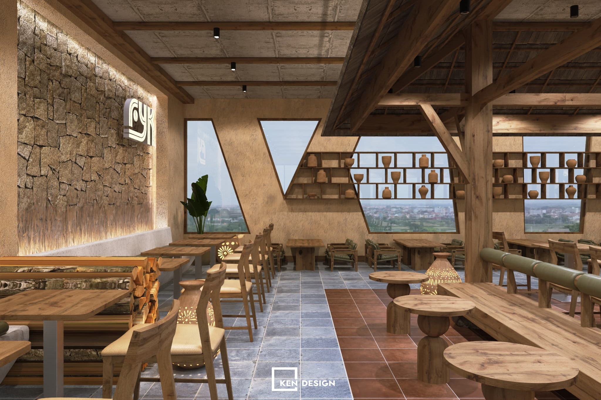 trần bê tông lộ dầm gỗ và tường đá ốp được giữ lại trong thiết kế quán cafe phong cách hiện đại